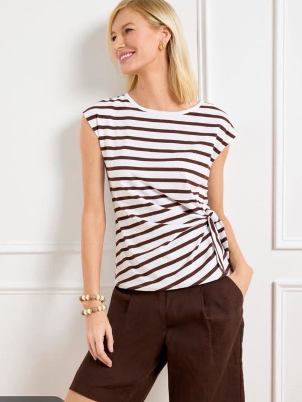 NWT Talbots Striped Side-Tie Cap-Sleeve Top in White and Brown SZ M